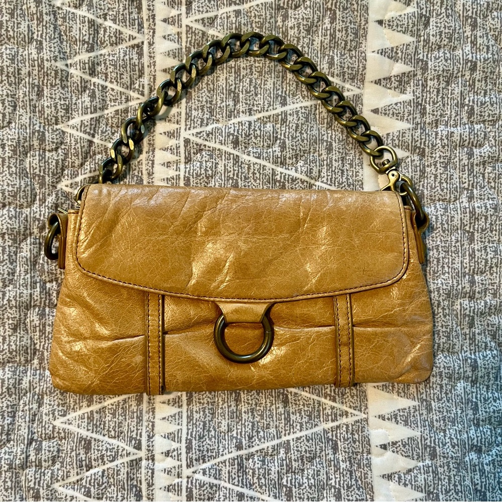 HOBO International Tan Leather Clutch Shoulder Bag O-Ring Chain Strap Boho Y2K
